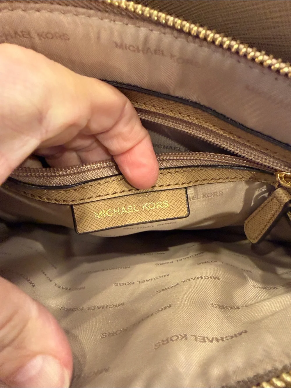 Michael Kors Beige Signature Logo Tote with Brown Trim